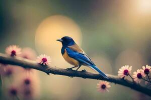 a blue bird is sitting on a branch with pink flowers. AI-Generated photo