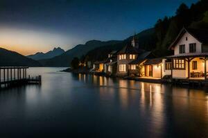 photo wallpaper the sky, lake, mountains, house, the night, lake, house, the. AI-Generated