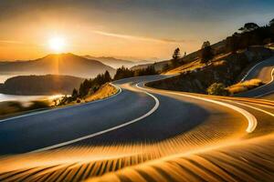 a winding road with the sun setting behind it. AI-Generated photo