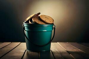 a bucket filled with wooden cookies on a wooden table. AI-Generated photo