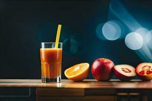 un vaso de jugo con manzanas y naranjas generado por ai foto