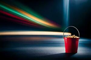 a red bucket with popcorn on a dark background. AI-Generated photo