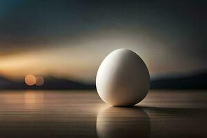 an egg sitting on a table in front of a sunset. AI-Generated photo