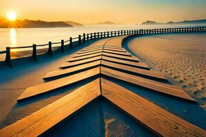 a wooden walkway leads to the beach at sunset. AI-Generated photo