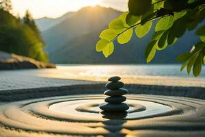 a stack of stones sits on the shore of a lake. AI-Generated photo