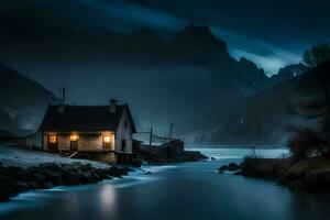 a house sits on the edge of a river at night. AI-Generated photo
