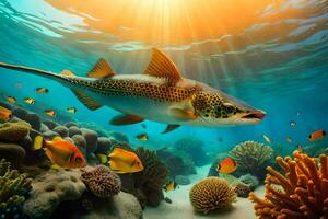 pescado nadando en el Oceano con coral arrecifes generado por ai foto