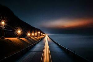 un largo exposición foto de un puente a noche. generado por ai