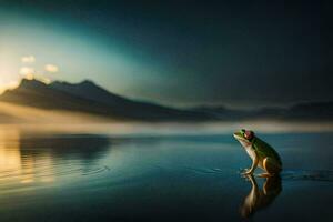 a frog sitting on the edge of a lake at sunset. AI-Generated photo