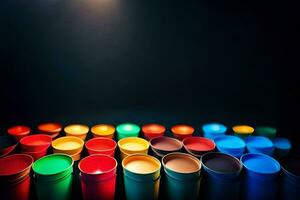 many colorful plastic cups are lined up on a black background. AI-Generated photo
