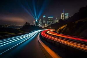 un largo exposición fotografía de un ciudad horizonte a noche. generado por ai foto