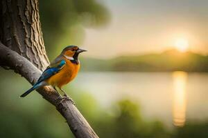 a bird sits on a branch near the water. AI-Generated photo