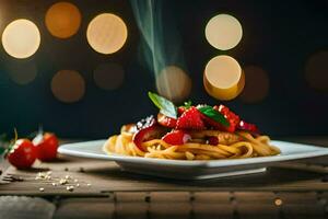 a plate of pasta with strawberries and tomatoes. AI-Generated photo