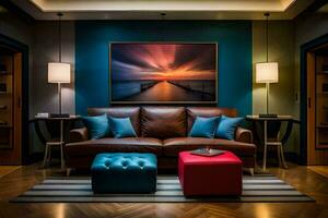 a living room with a leather couch and blue walls. AI-Generated photo