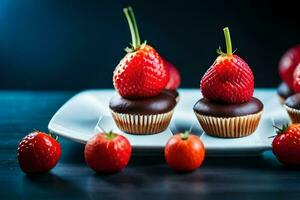 chocolate cupcakes with strawberries on a plate. AI-Generated photo