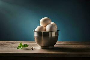 eggs in a metal bowl on a wooden table. AI-Generated photo
