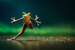 un rana es saltando en el aire. generado por ai foto