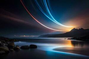 a long exposure photograph of a light trail over the ocean. AI-Generated photo