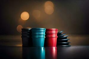 un grupo de rojo y azul el plastico tazas. generado por ai foto