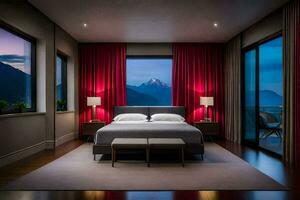 a bedroom with a view of mountains and a bed. AI-Generated photo