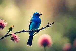 azul pájaro sentado en un rama con rosado flores generado por ai foto