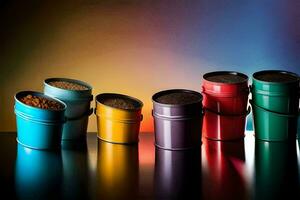 a row of colorful buckets with different colored lids. AI-Generated photo