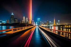 a long exposure photo of a bridge over water with lights. AI-Generated