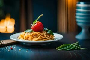 spaghetti with fresh strawberries and basil leaves on a plate. AI-Generated photo