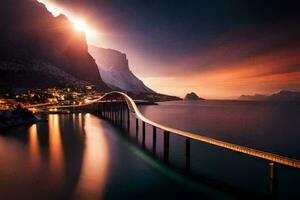 photo wallpaper the sky, mountains, bridge, norway, the sea, sunset, the bridge. AI-Generated