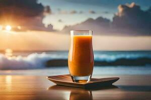 a glass of orange juice on a wooden table in front of the ocean. AI-Generated photo