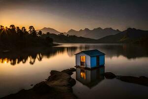 a blue house sits on the shore of a lake at sunset. AI-Generated photo