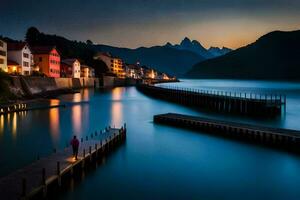 a man stands on a dock at dusk in front of a mountain. AI-Generated photo