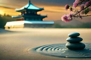 un Roca apilar y un rosado flor en frente de un pagoda. generado por ai foto