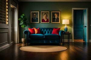 a blue couch in a room with pictures on the wall. AI-Generated photo