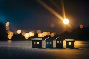 pequeño casas en el oscuro con luces en el antecedentes. generado por ai foto