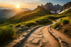 el camino a el montañas. generado por ai foto