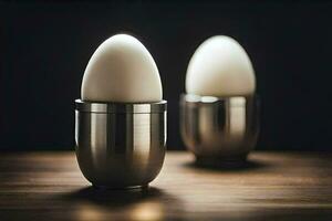 two egg shaped objects sit on a table. AI-Generated photo
