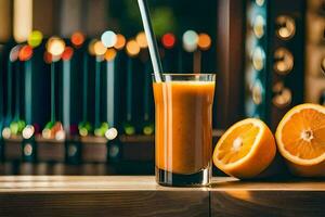 an orange juice with a straw sitting on a table. AI-Generated photo