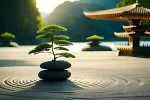 un pequeño árbol es sentado en parte superior de rocas en un arena fosa. generado por ai foto