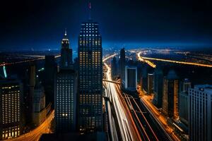 un ciudad a noche con luces y tráfico. generado por ai foto