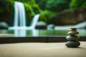 a stack of stones in front of a waterfall. AI-Generated photo