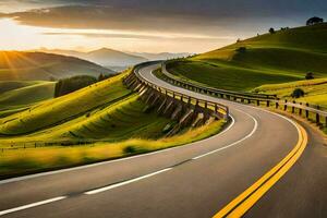 a winding road in the mountains with the sun setting. AI-Generated photo