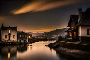 a house sits on the edge of a river at night. AI-Generated photo
