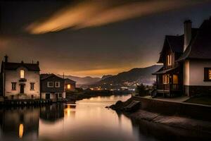 un casa se sienta en el borde de un río a noche. generado por ai foto