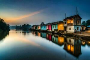 a river in the evening with houses on either side. AI-Generated photo