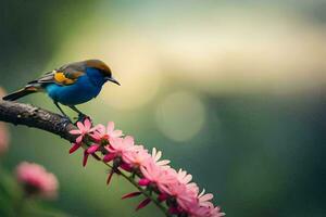 un pequeño pájaro es encaramado en un rama con rosado flores generado por ai foto