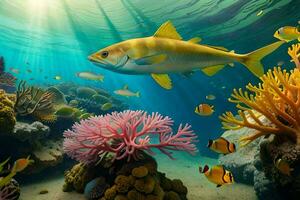 fish swimming in the ocean with coral reefs and other fish. AI-Generated photo