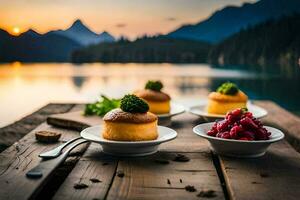 the food is served on a wooden table in front of a lake. AI-Generated photo