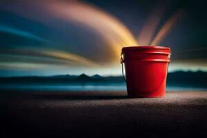 a red bucket sitting on the beach with a bright light. AI-Generated photo