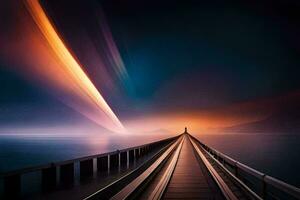 a long bridge with a light trail in the sky. AI-Generated photo